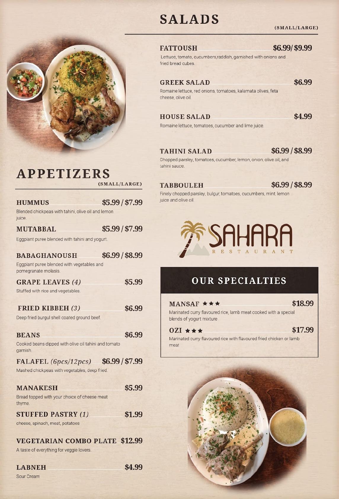 Menu At Sahara Restaurant Indianapolis