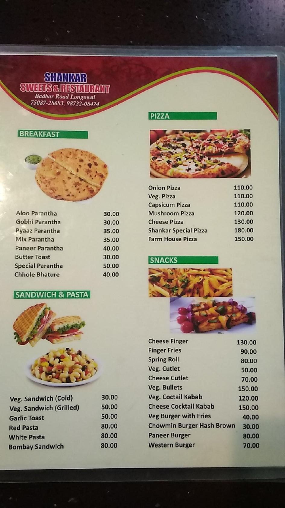 Shanker Restaurant, Bakery And Sweets menu