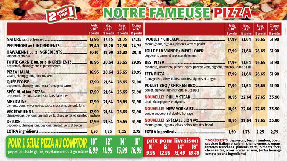 Menu at Pizza Lion pizzeria, Dollard-Des Ormeaux