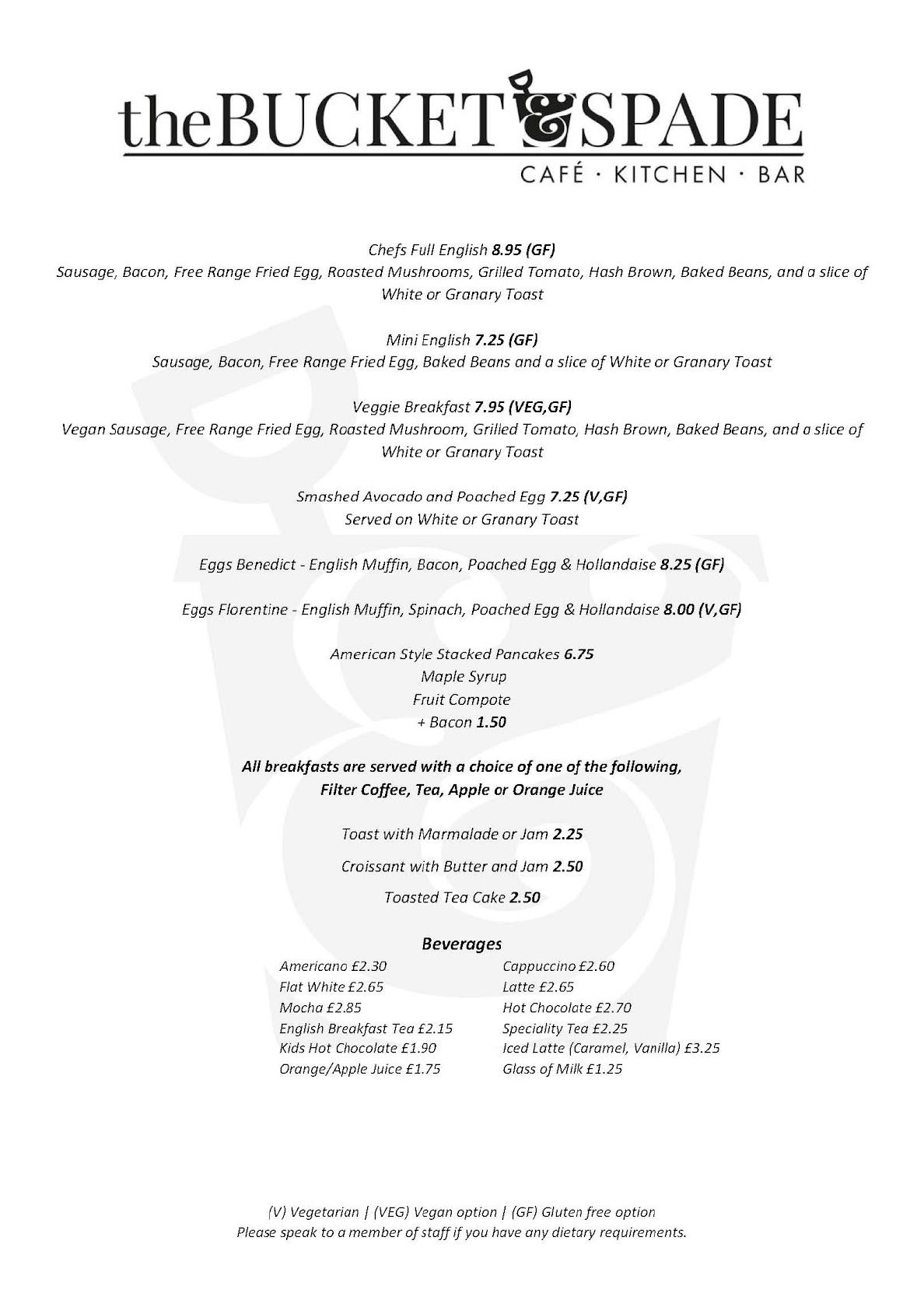 Menu at The Bucket & Spade restaurant, Teignmouth