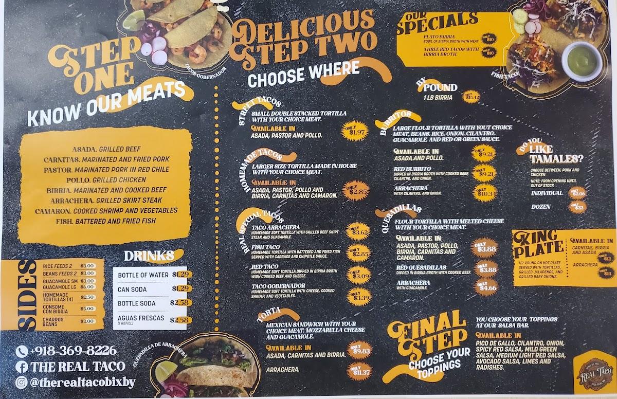 Menu at The Real Taco restaurant, Bixby