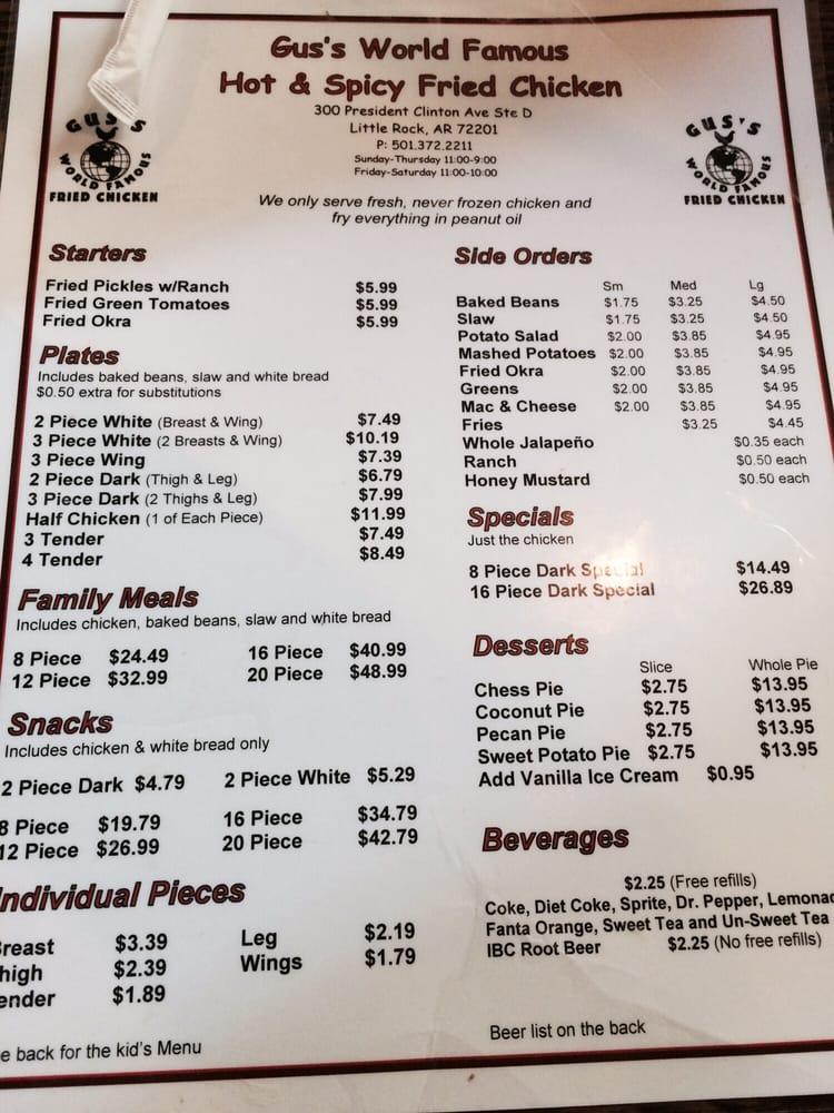 Menu at Gus's World Famous Fried Chicken restaurant, Little Rock, 300 ...