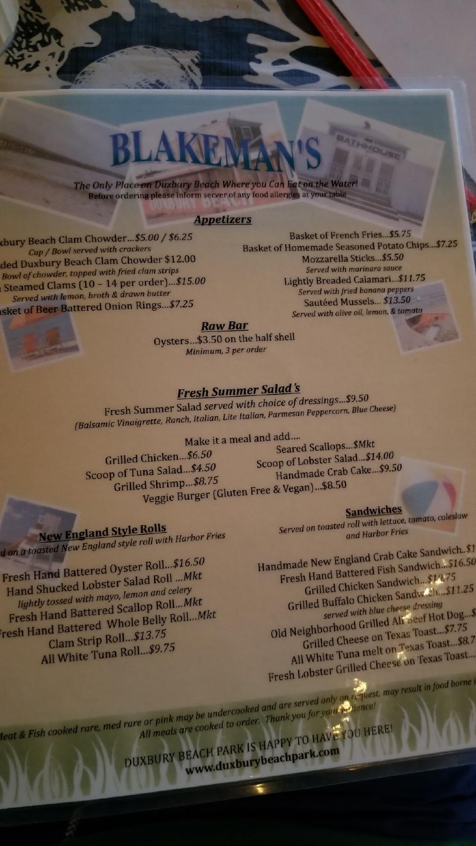 Menu at Blakeman's Restaurant, Duxbury