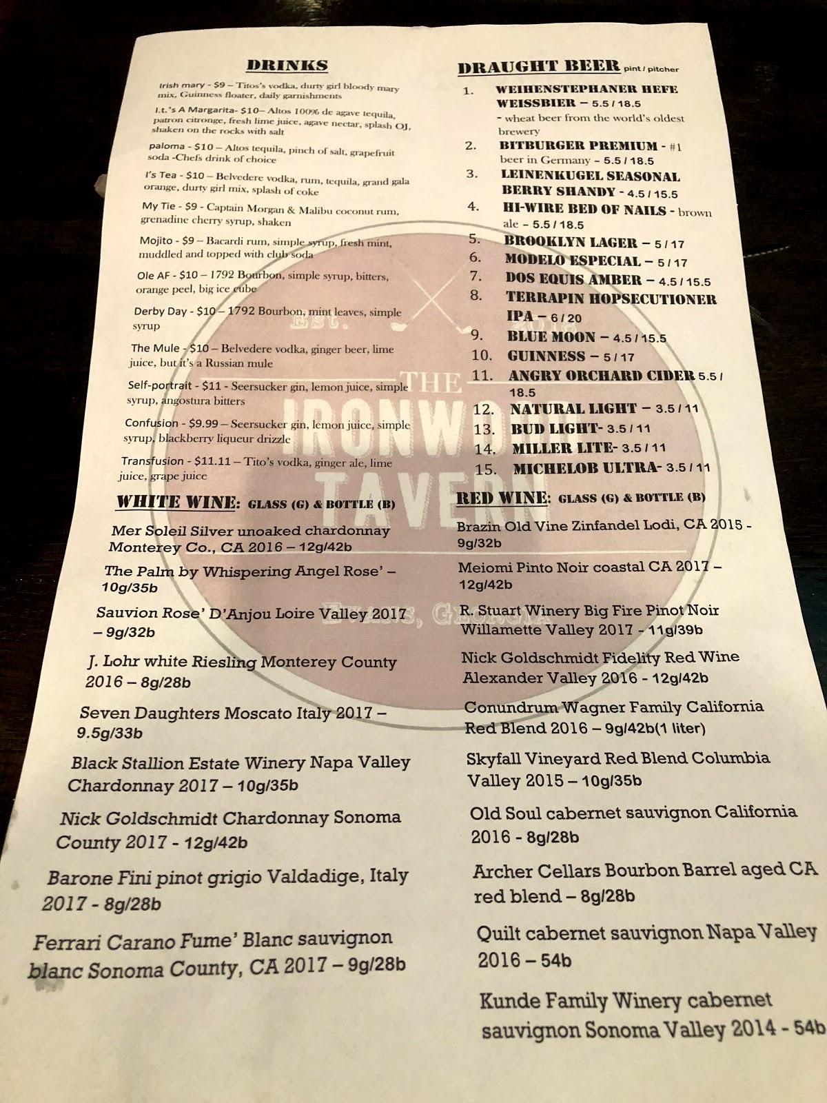 Carta de pizzería Ironwood Tavern, Evans