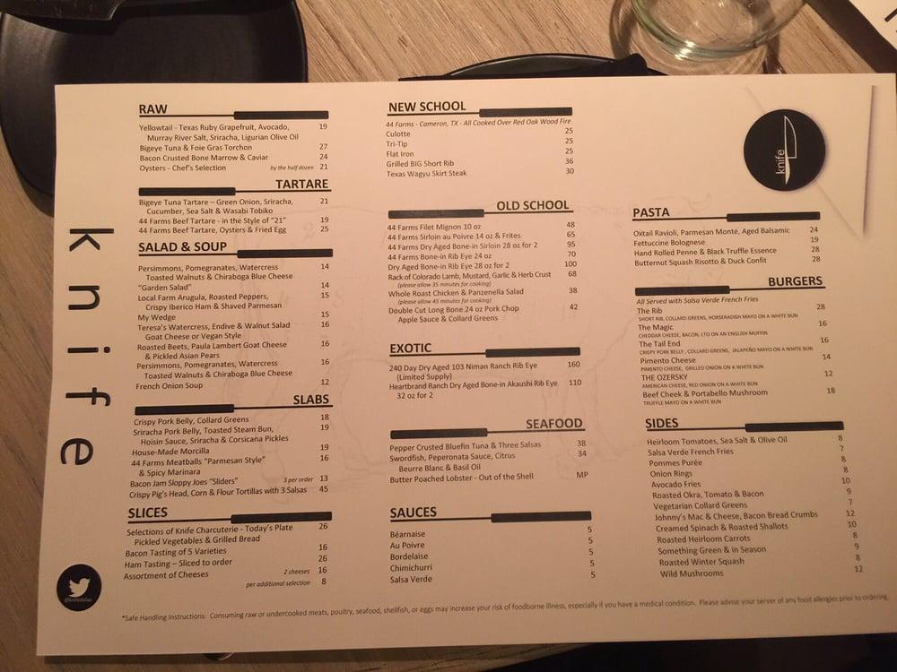 Menu at Knife steakhouse, Dallas