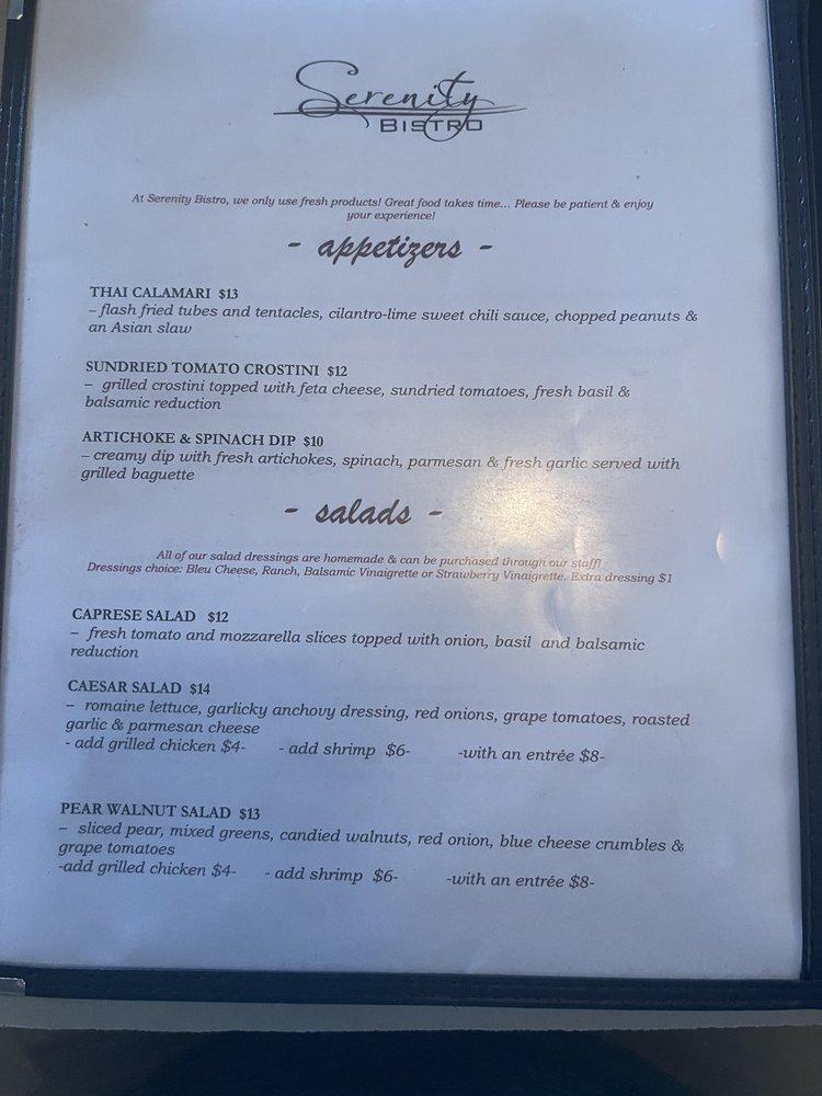 Menu at Serenity Bistro restaurant, West Yellowstone