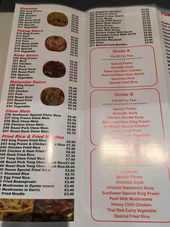 Menu at Sunflower Garden fast food, Pitmedden