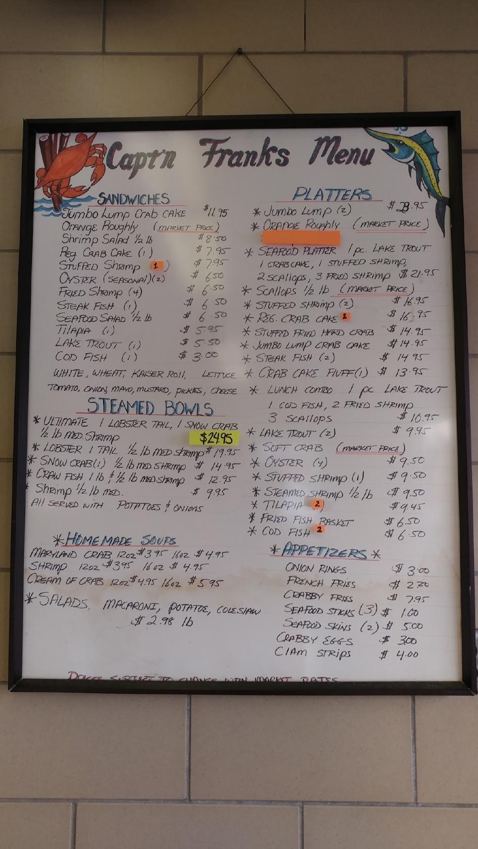 Menu at Capt'n Franks Seafood restaurant, Baltimore