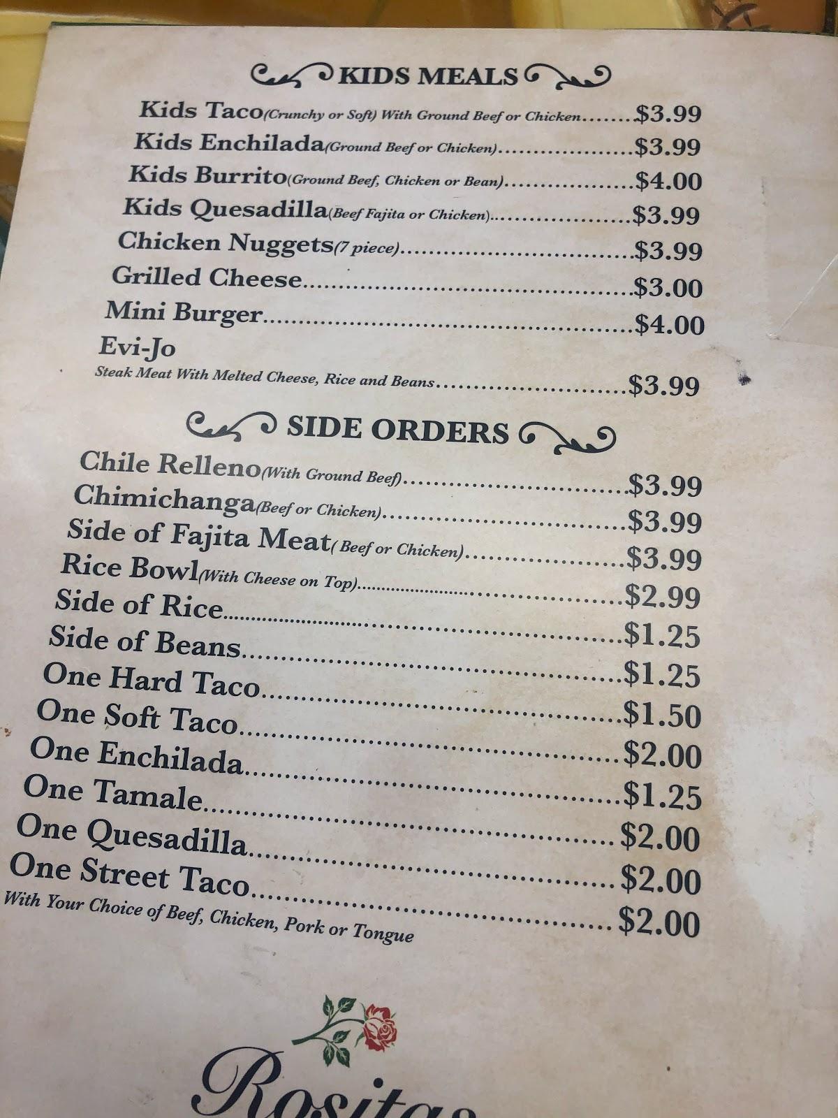 Menu at Rosita's Mexican Restaurant, Stigler
