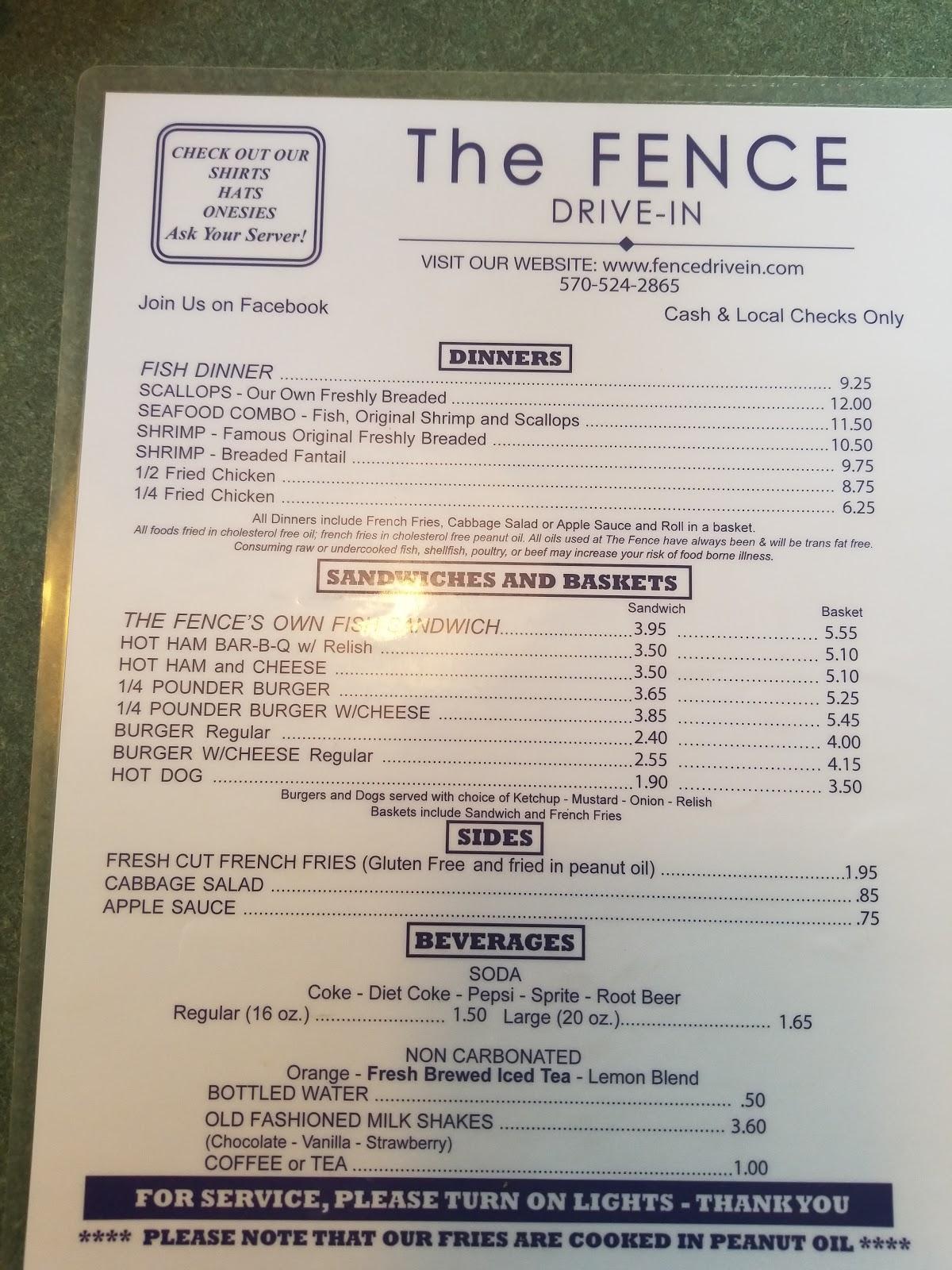 Menu at The Fence Drive In restaurant, Milton