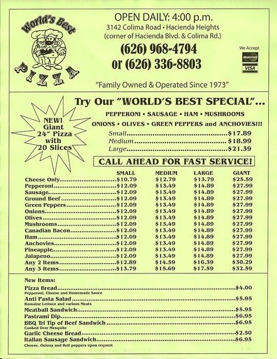 Menu at World's Best Pizza pizzeria, Hacienda Heights