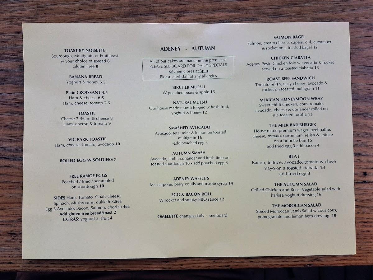 Menu at Adeney Milk Bar Cafe, Kew