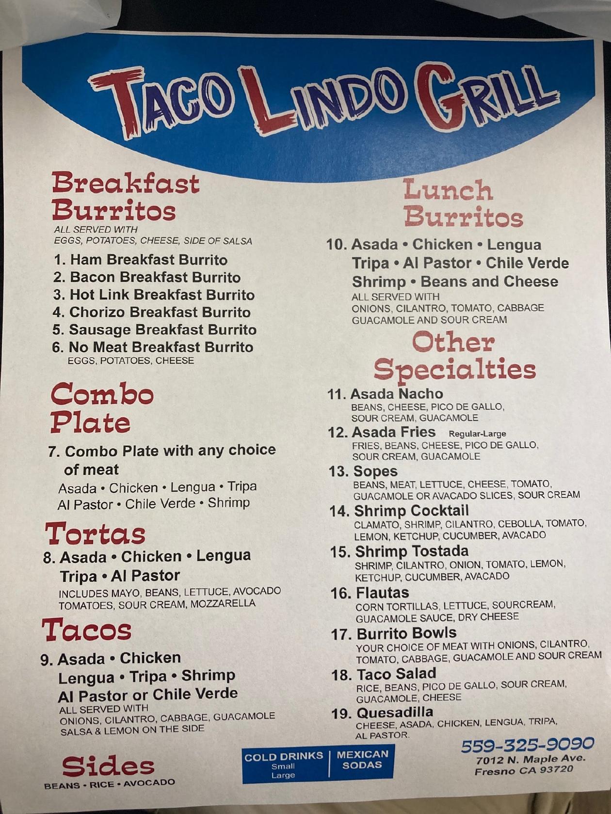 Menu at Taco Lindo Grill restaurant, Fresno