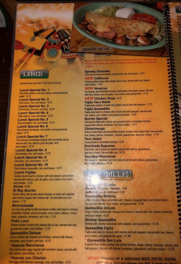 Menu at El Rey Azteca restaurant, Nashville, Old Hickory Blvd