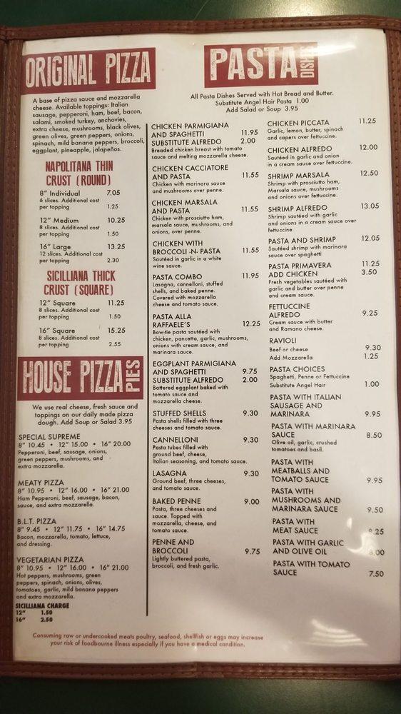 Menu at Raffaele’s restaurant, Kingsport
