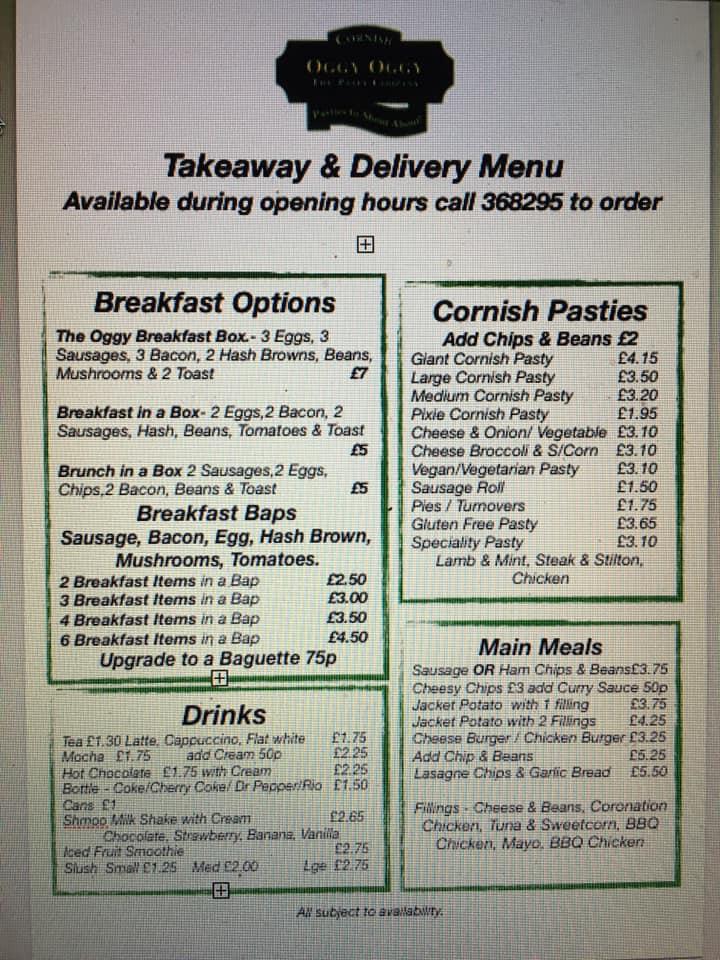 Carta de comida rápida The Oggy Oggy Cornish Pasty Company, Bodmin