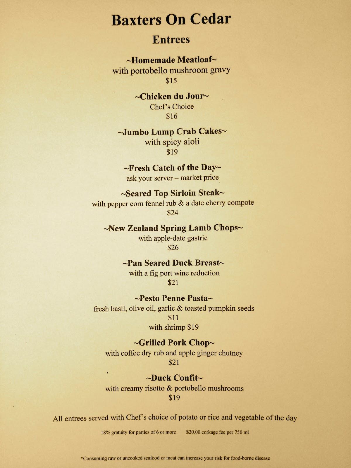 Menu at Baxters on Cedar pub & bar, Sandpoint, 109 Cedar St