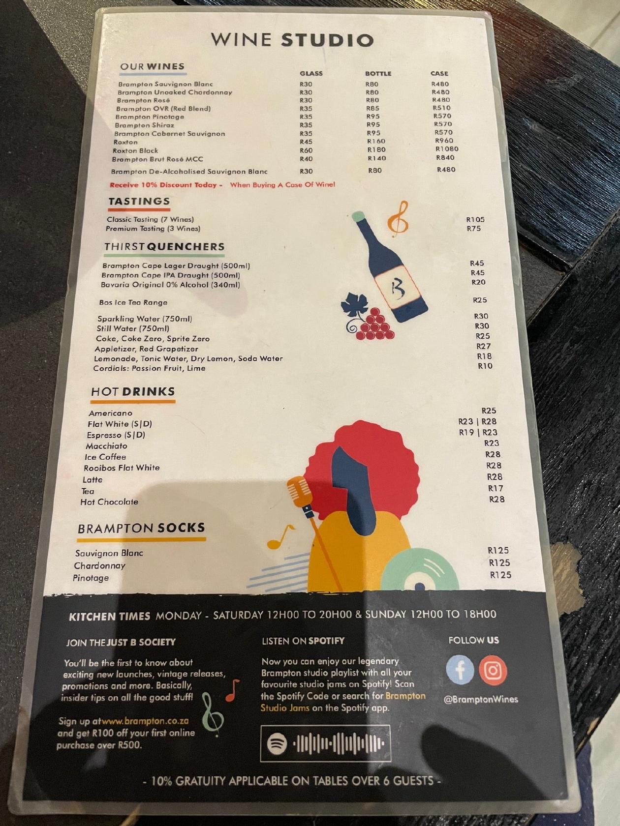 Menu au Brampton Wine Studio pub et bar, Stellenbosch