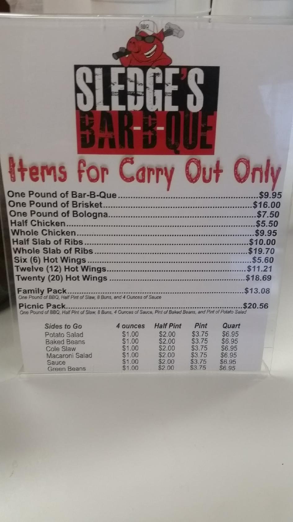 Menu at Sledge's BBQ, Florence