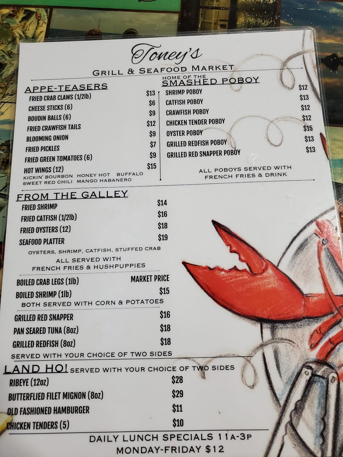 Menu at Toney's Grill and Seafood Market restaurant, Vicksburg, 710 US61 N