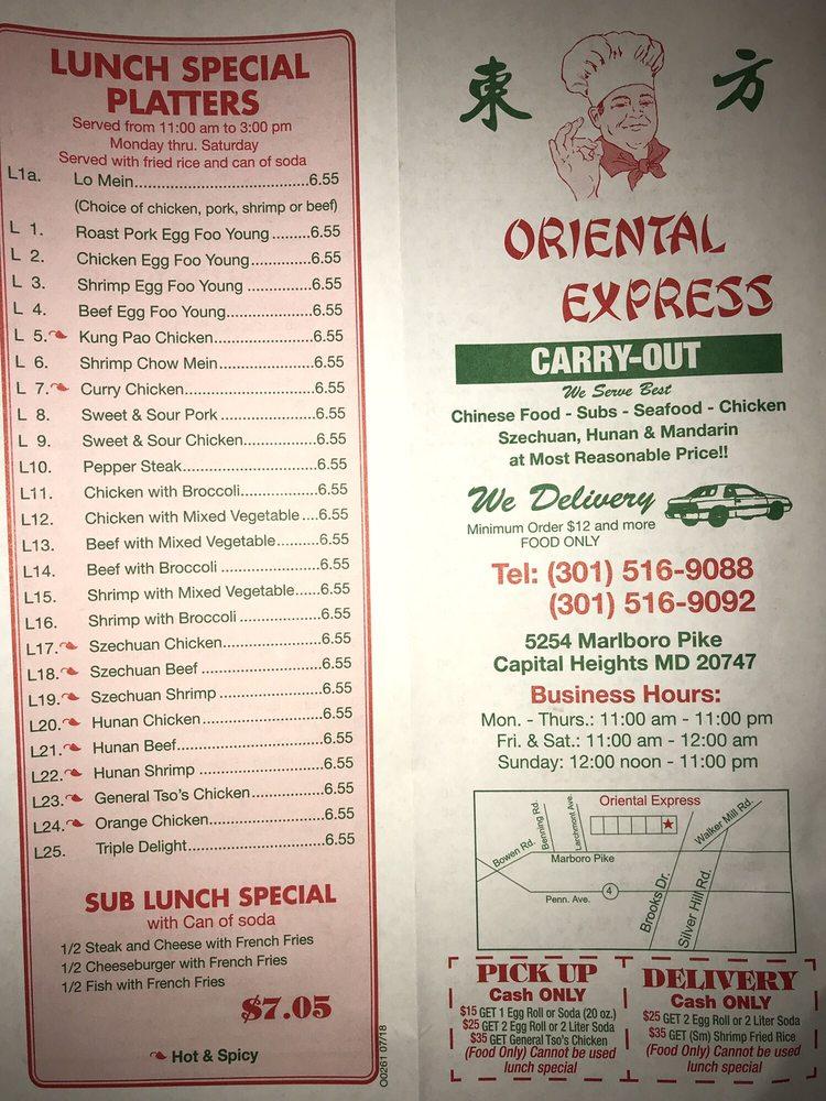 Menu at Oriental Express restaurant, Capitol Heights, Marlboro Pike