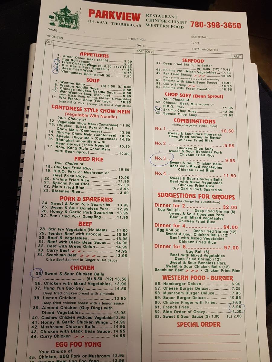 Menu at Parkview Restaurant, Thorhild