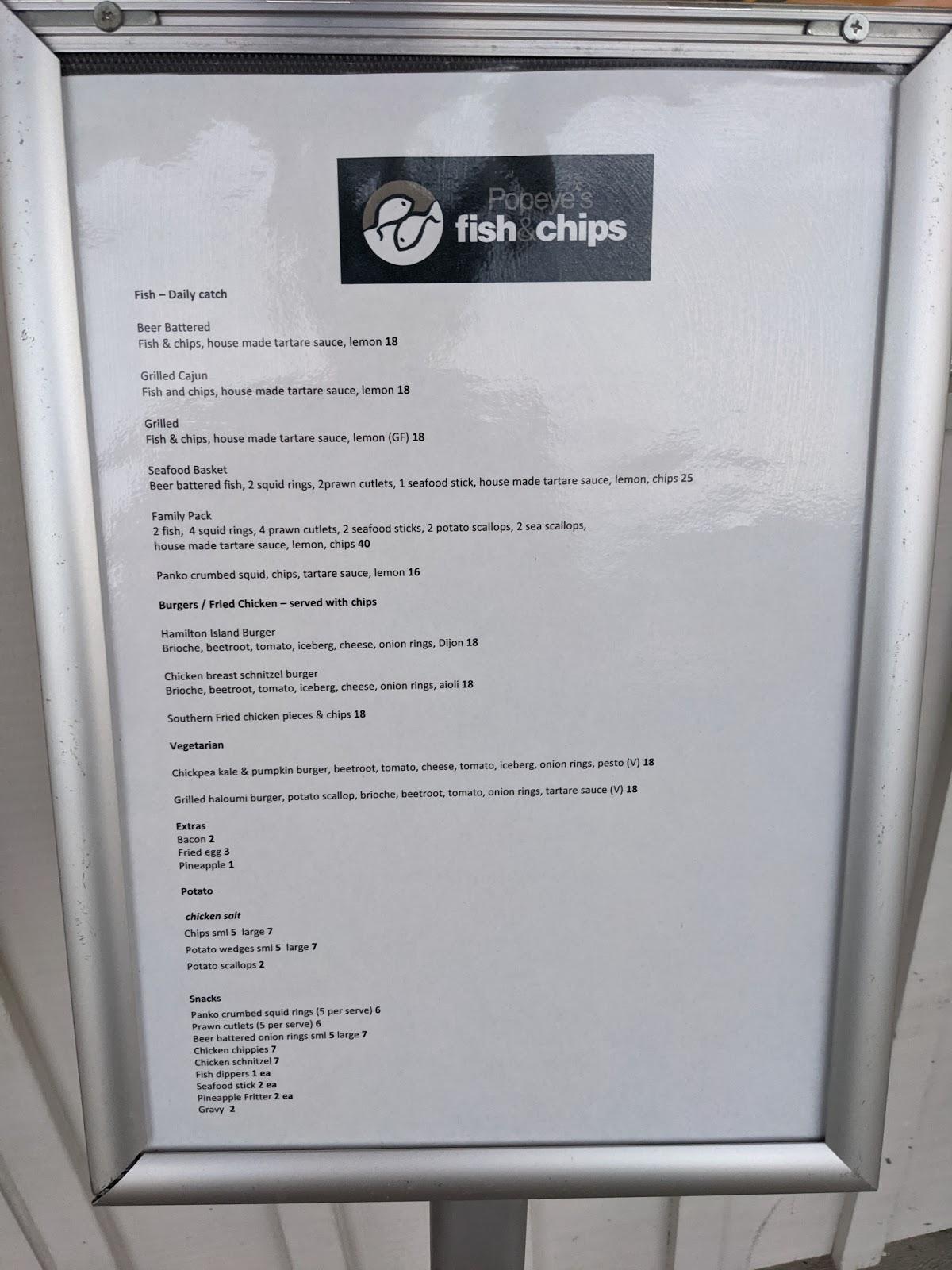 Menu at Popeye's Fish and Chips Takeaway restaurant, Hamilton Island