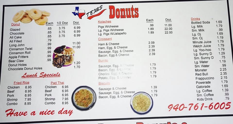 Menu at Texas Donuts restaurant, Wichita Falls, Old Jacksboro Hwy