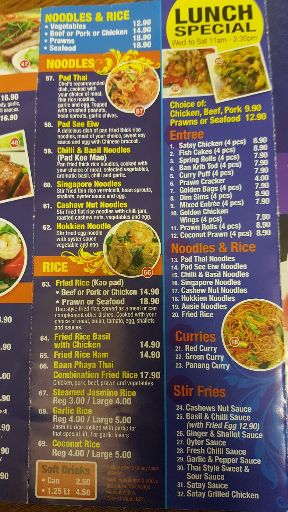 Menu at Baan Phra Ya Thai Brighton restaurant, Brighton