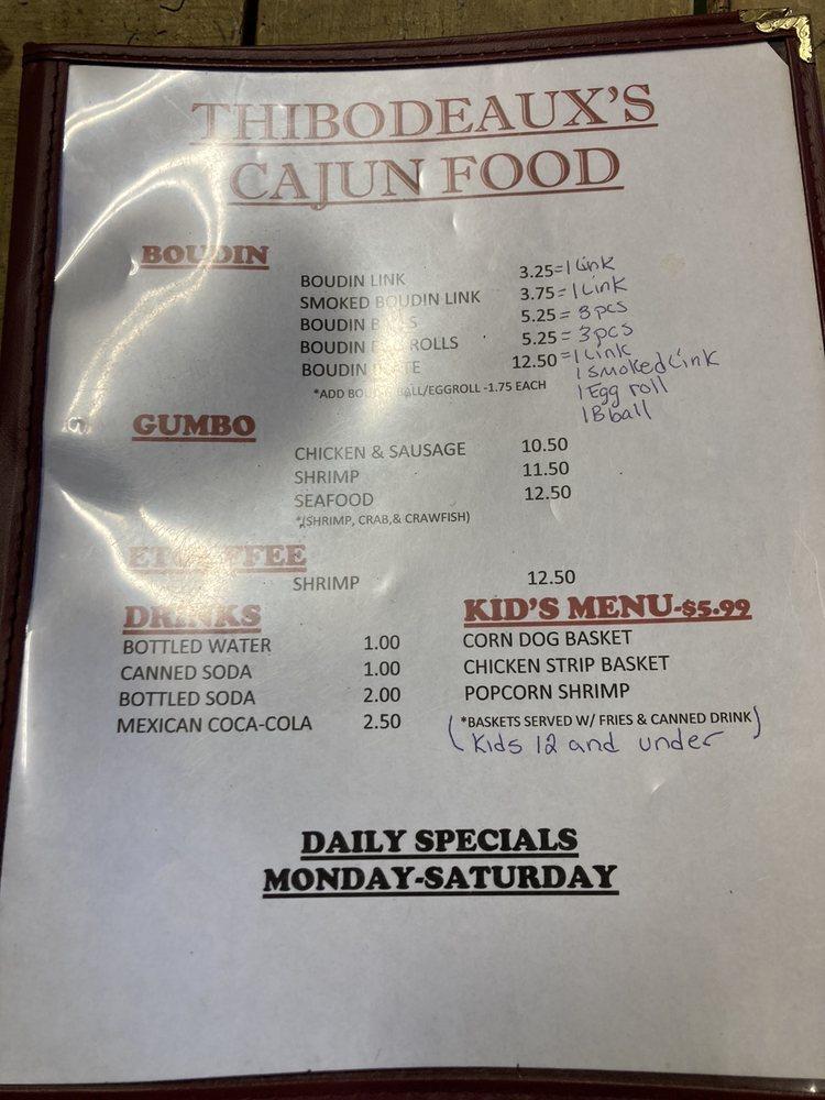 Menu at Thibodeaux's Cajun Food restaurant, Baytown