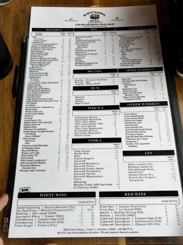 Menu at Burnt Barrel Social Yorkville, Yorkville