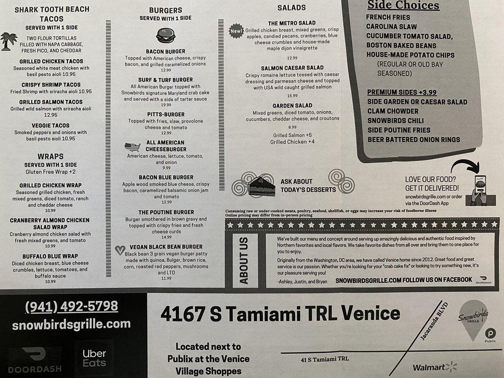 Menu at Snowbirds Grille restaurant, Venice