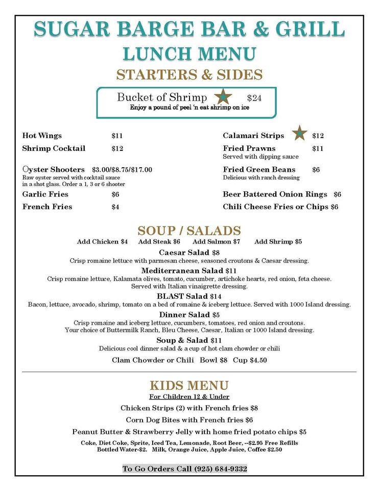 Carta de Sugar Barge Waterfront Bar & Grill, Bethel Island, Sugar Barge Rd