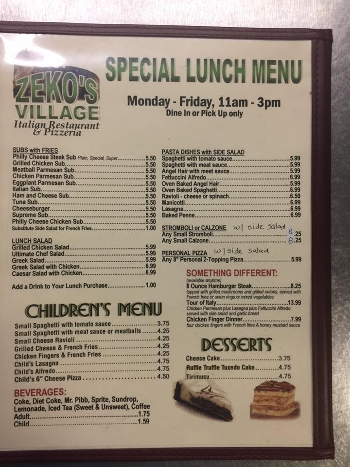 Menu at Zeko's Village restaurant, Burkemont Ave C