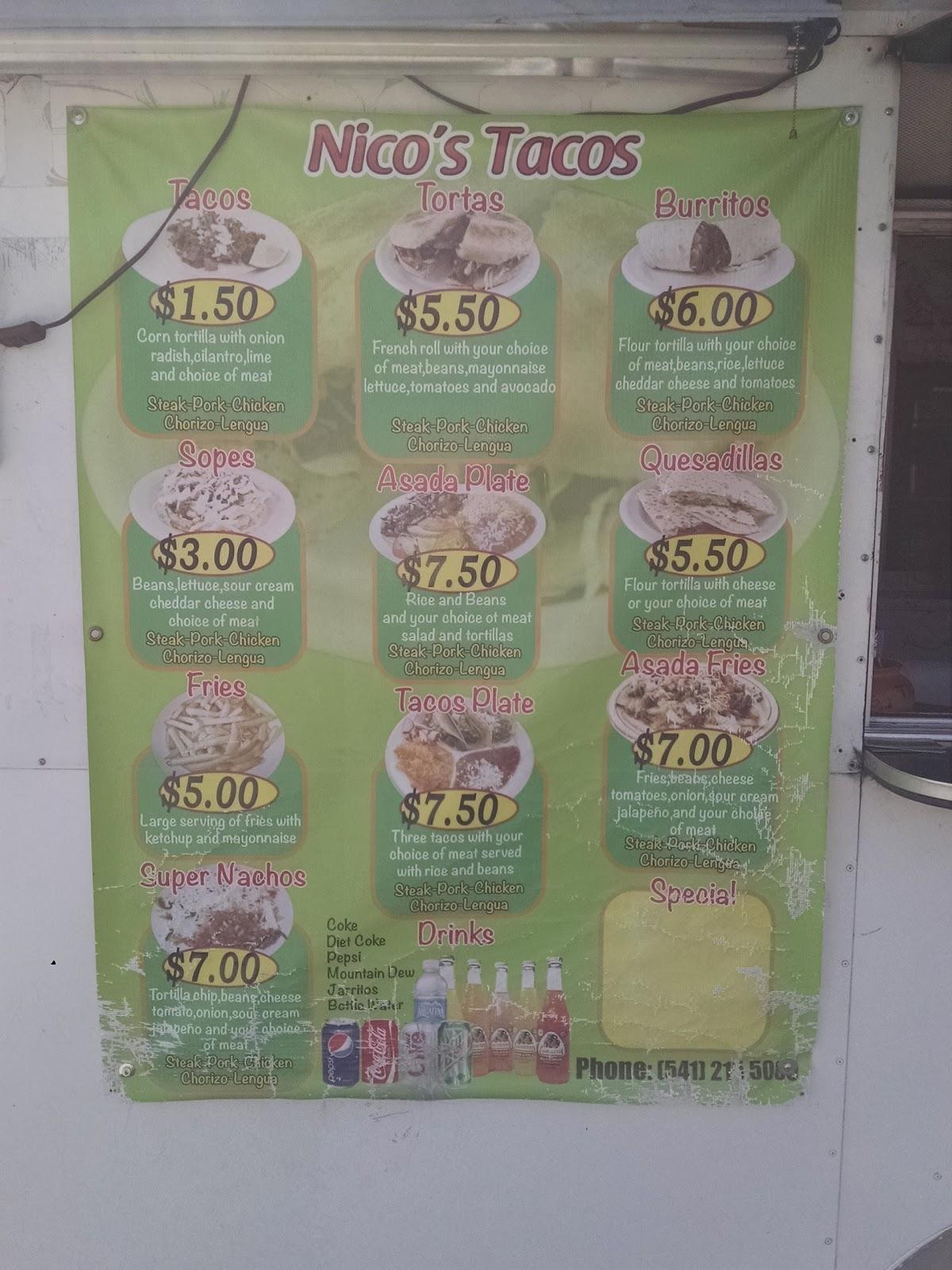 Menu at Nico's Tacos restaurant, Pendleton