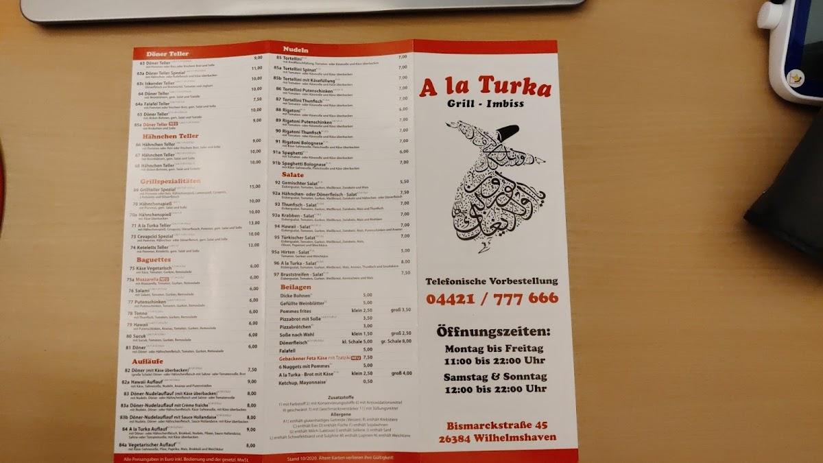 Speisekarte von A la Turka restaurant, Wilhelmshaven