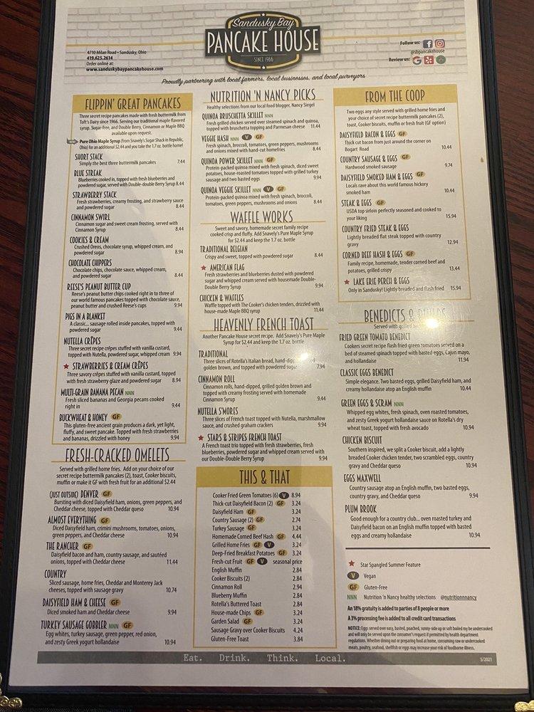 Menu at Sandusky Bay Pancake House restaurant, Sandusky