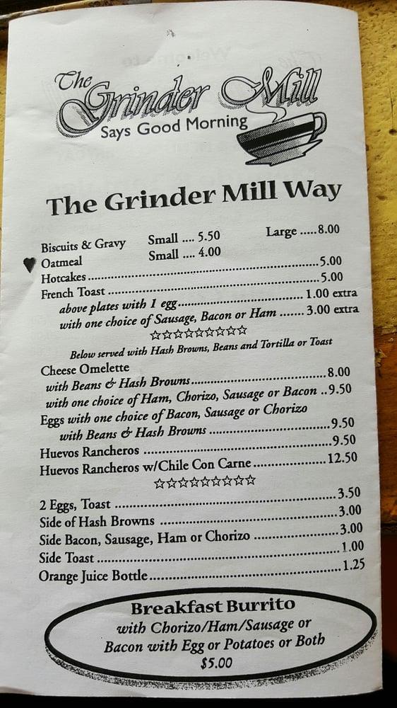 Menu at Grinder Mill restaurant, Silver City