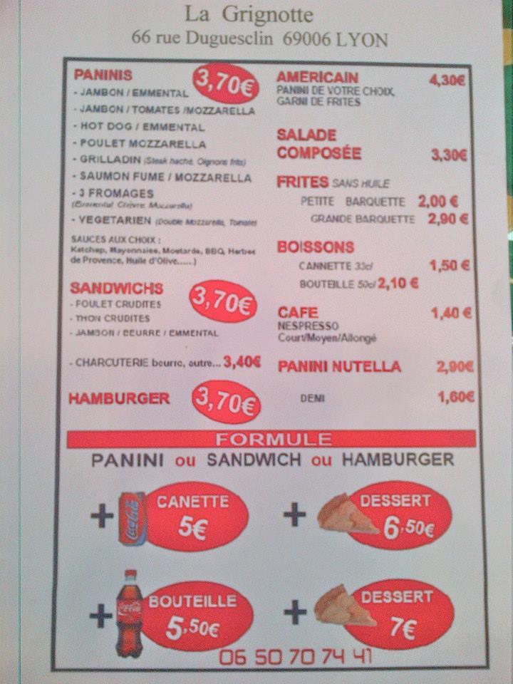 Menu au La Grignotte fast food, Lyon