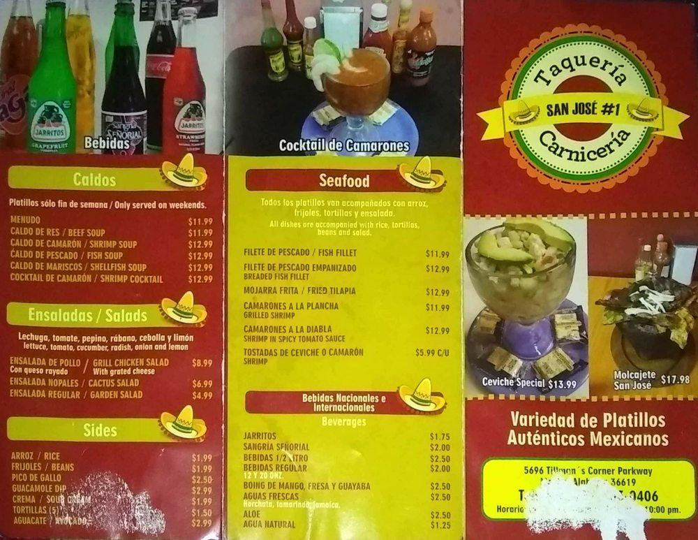 Menu at San Jose Taqueria & Carniceria restaurant, Mobile