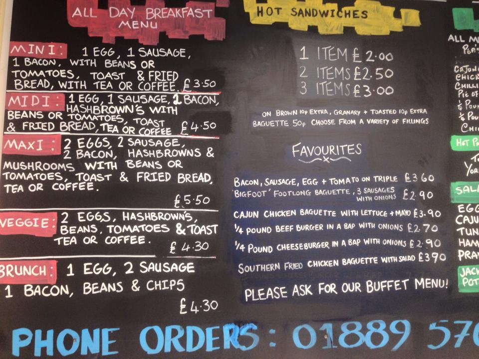 Menu at The Food Factory cafe, Rugeley