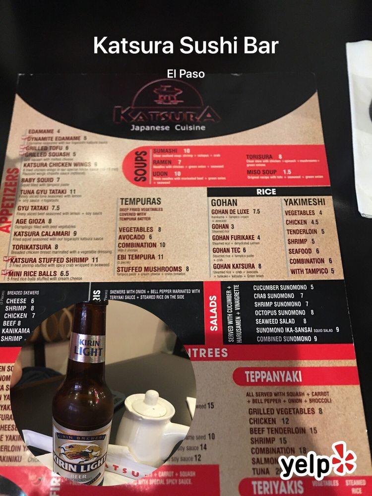 Menu at Katsura Sushi restaurant, El Paso, N Zaragoza Rd 112