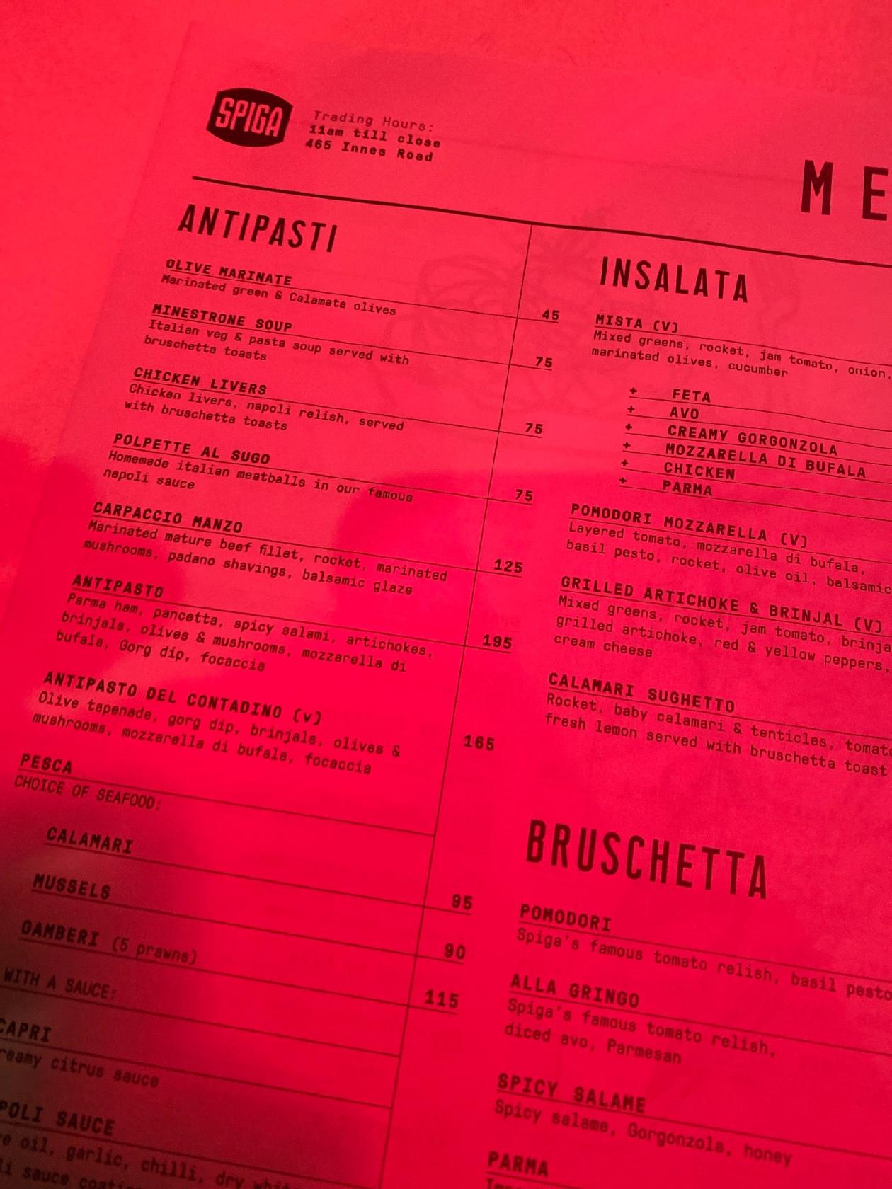 Menu at Spiga restaurant, Berea, 465 Innes Rd