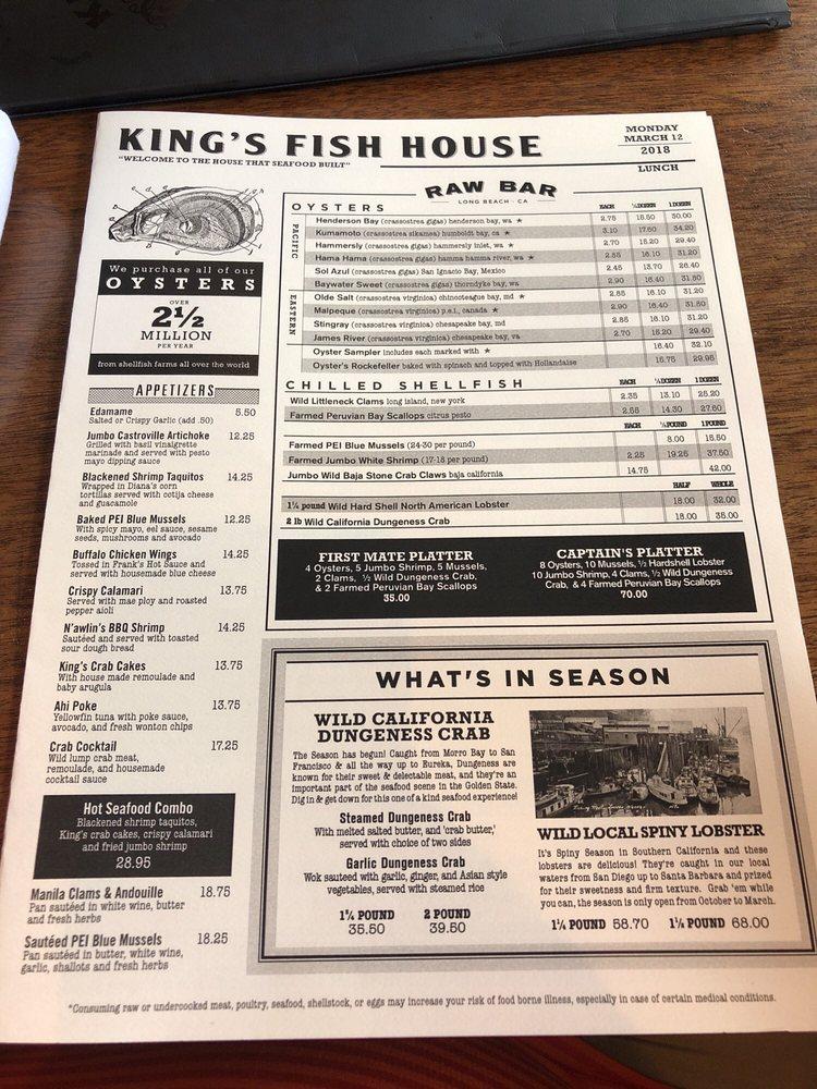 Menu at King's Fish House restaurant, Long Beach