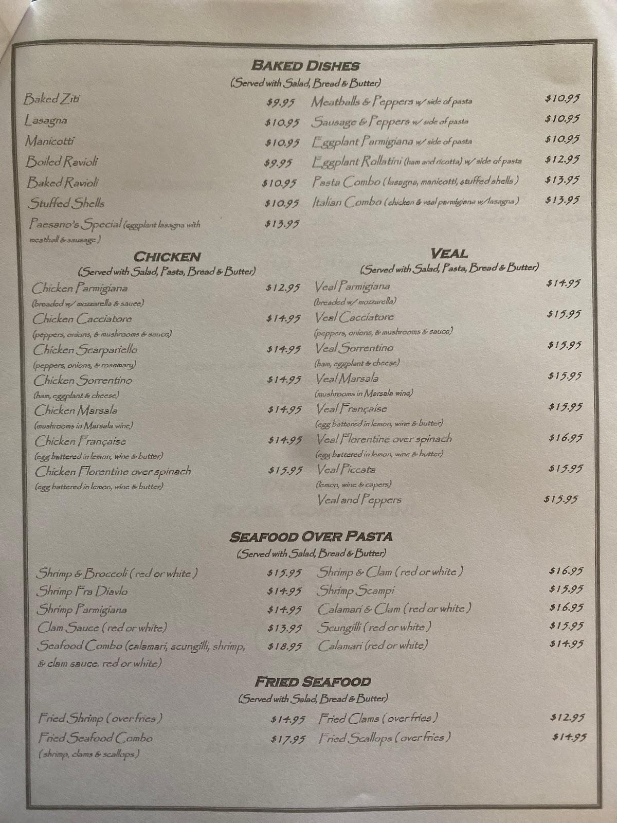 Menu at Paesano's Pasta House Restaurant, Naugatuck