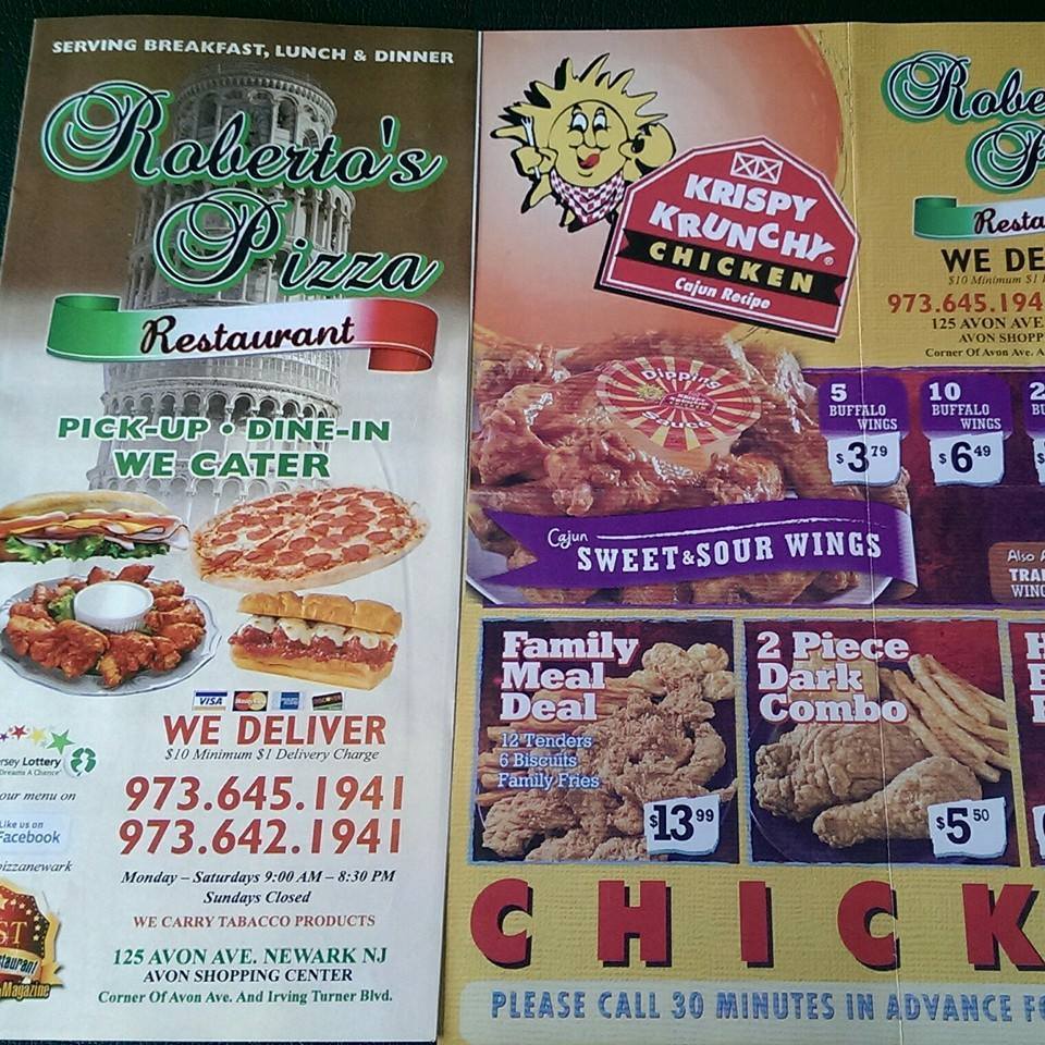 Menu at Roberto's Pizza pizzeria, Newark, 125 Avon Ave