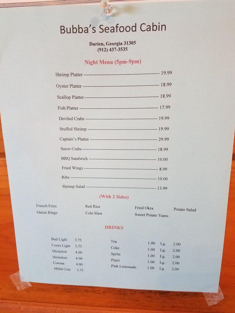 Menu at Bubba's Seafood Cabin, Darien, Ga Hwy Ste 251
