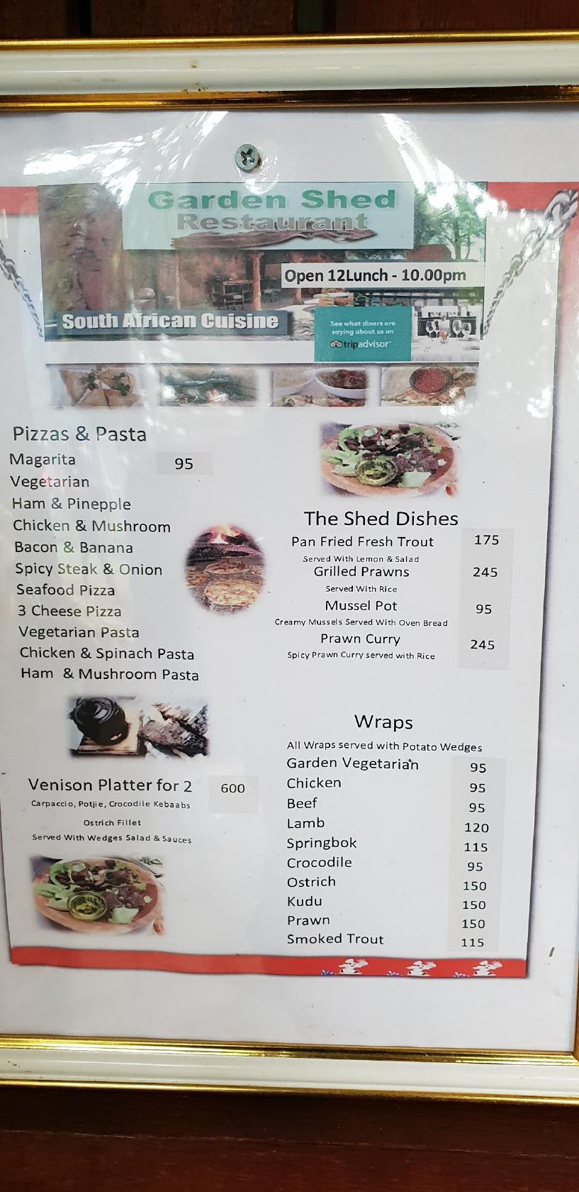 Speisekarte von Garden Shed Restaurant, Graskop