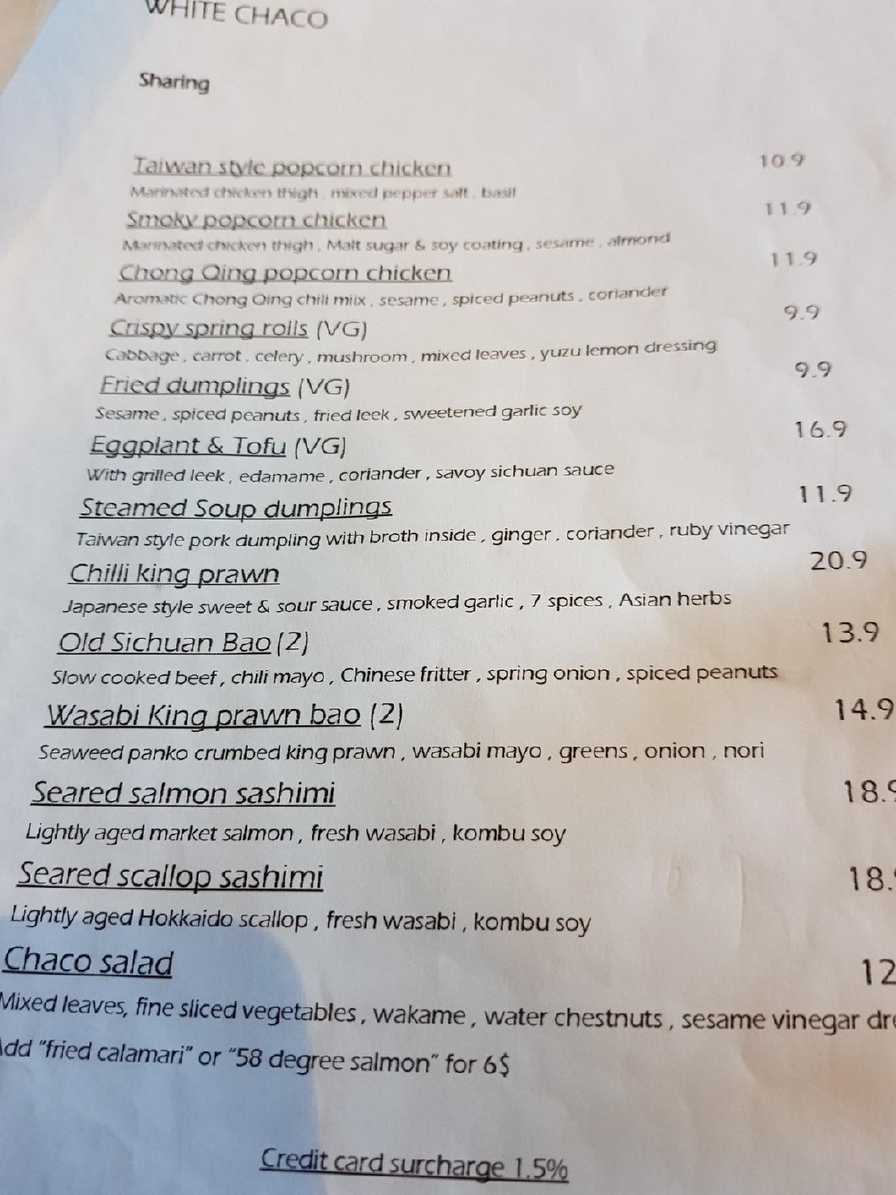 Menu at WHITE CHACO restaurant Braddon