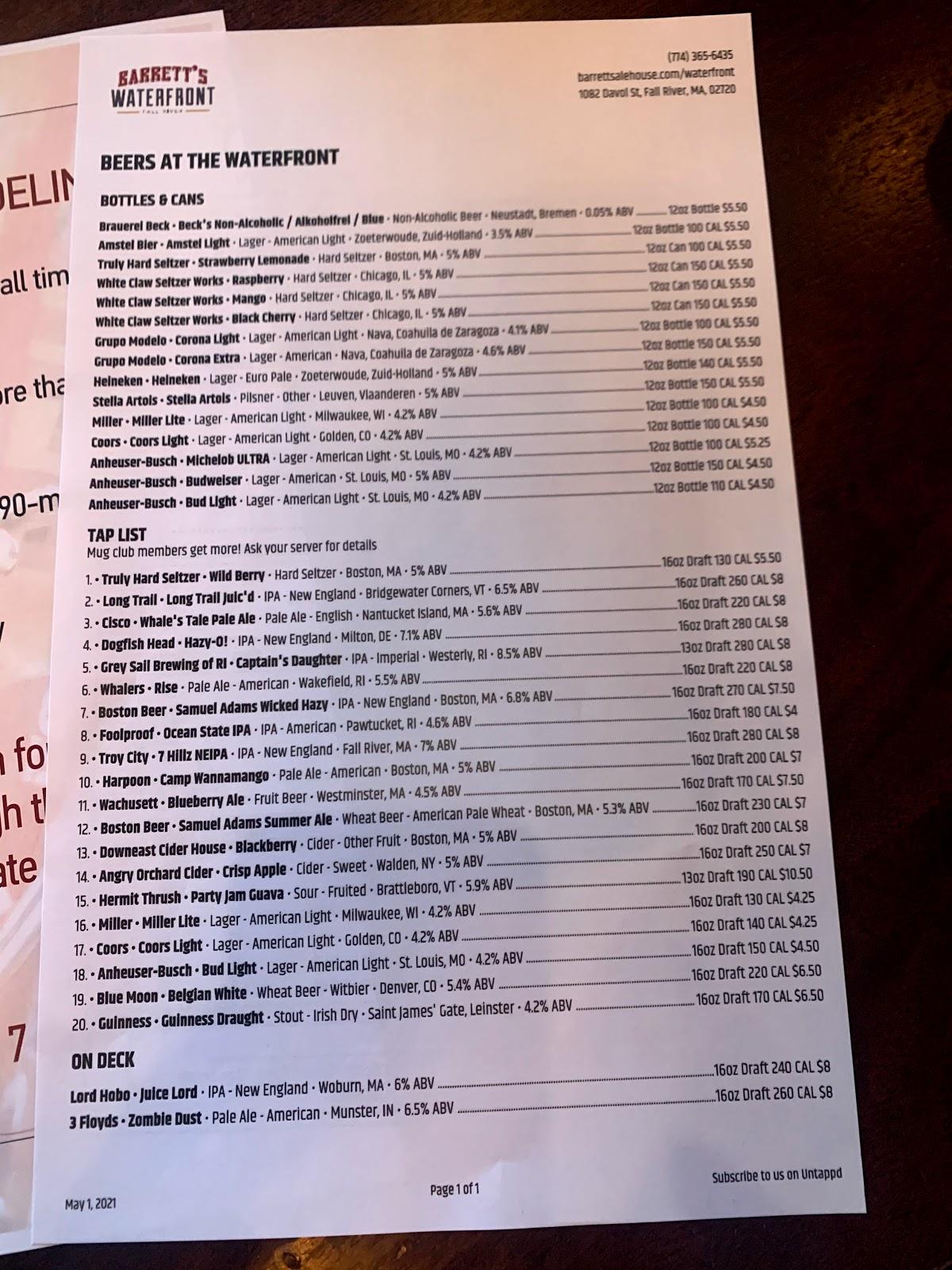 Menu at Barrett's Waterfront, Fall River